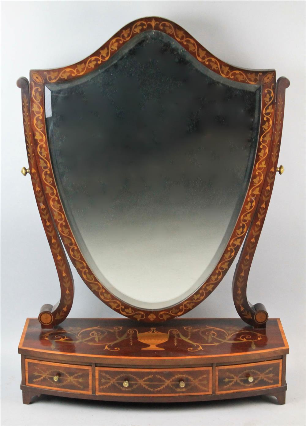 Appraisal: NEOCLASSICAL STYLE MARQUETRY INLAID MAHOGANY BOW FRONT SHAVING MIRROR shield