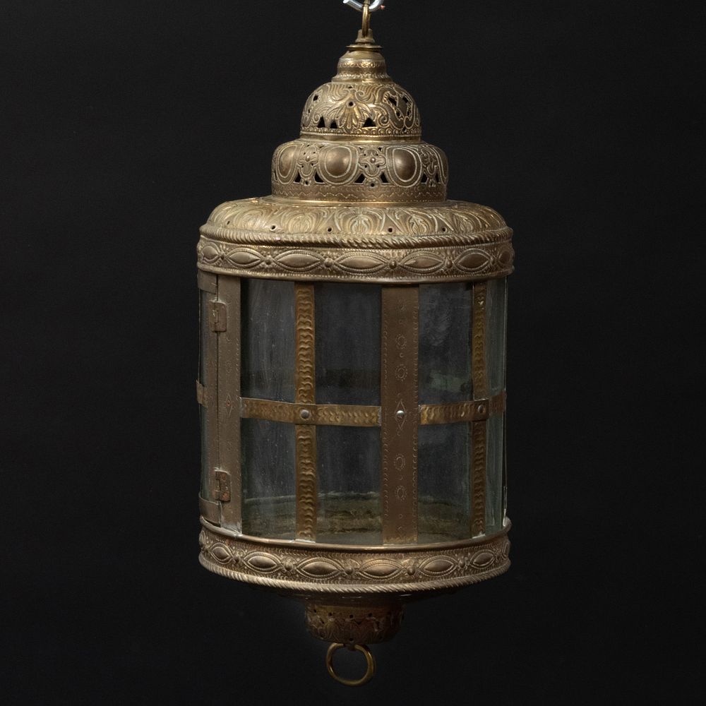 Appraisal: Pressed Brass and Glass Hanging Lantern Possibly Middle Eastern x