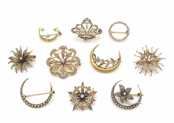 Appraisal: A collection of ten seed pearl and gold brooches