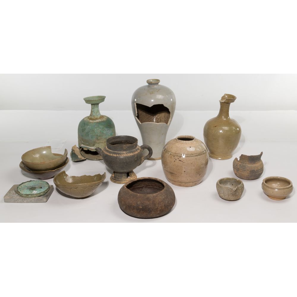 Appraisal: KOREAN POTTERY AND METALWARE ASSORTMENT items including dishes bowls teapot