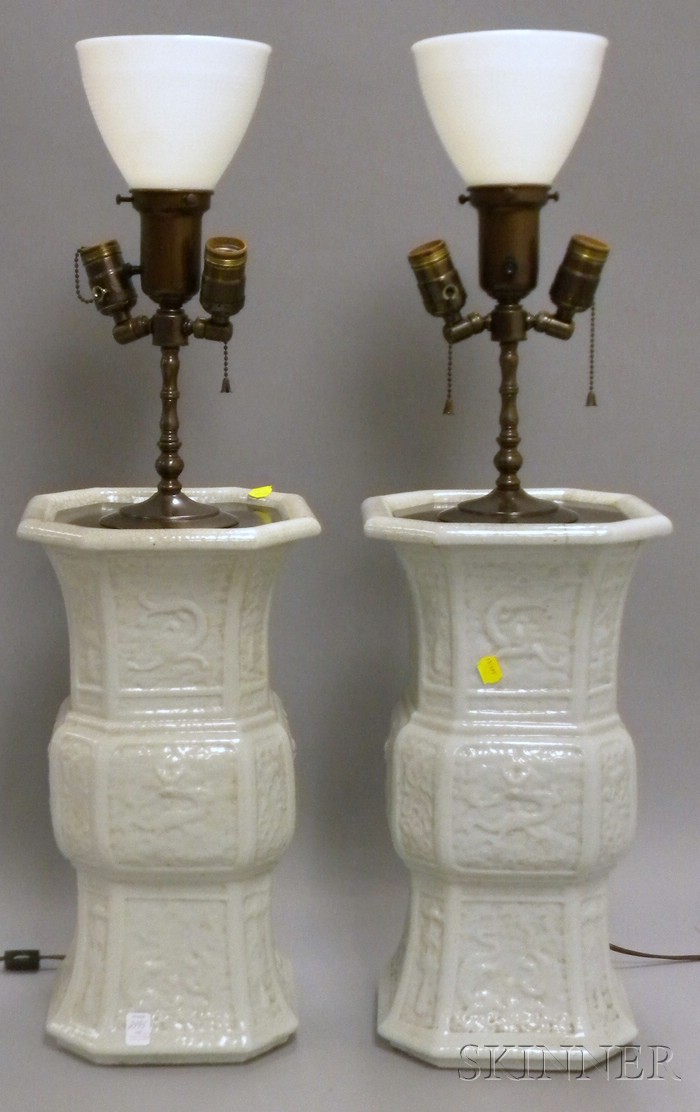 Appraisal: Pair of Asian White Glazed Porcelain Vase Table Lamps body