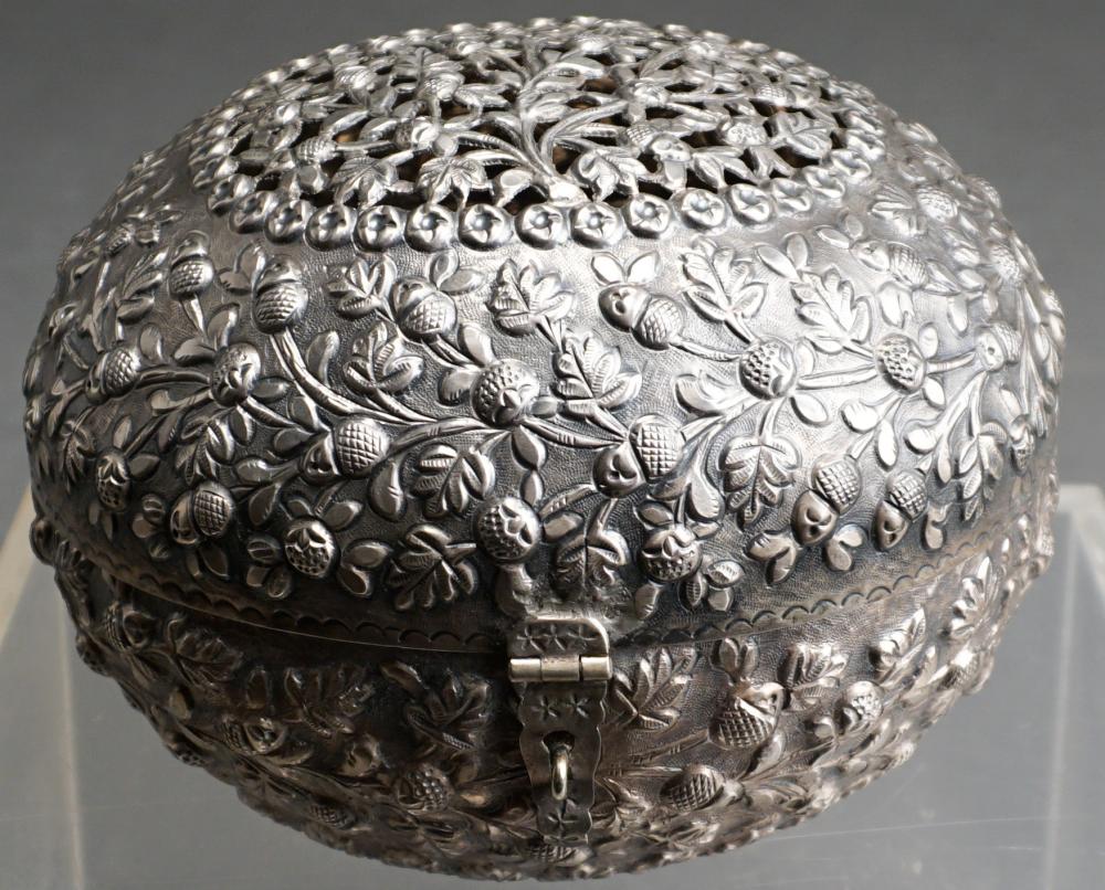 Appraisal: MIDDLE EASTERN EMBOSSED SILVER HINGED BOX X IN X CM