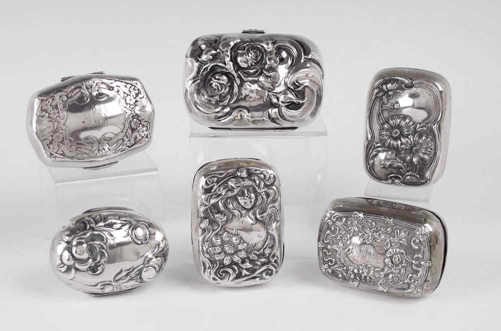 Appraisal: PIECE COLLECTION ART NOUVEAU STERLING SOAP BOXES An assembled collection