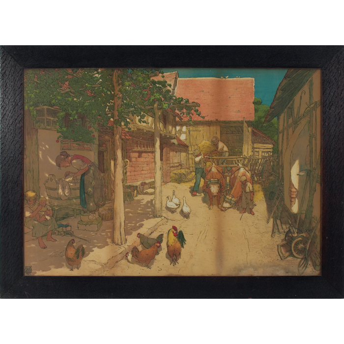 Appraisal: Arts Crafts print ''Farm Scene '' monogrammed with ''RV ''