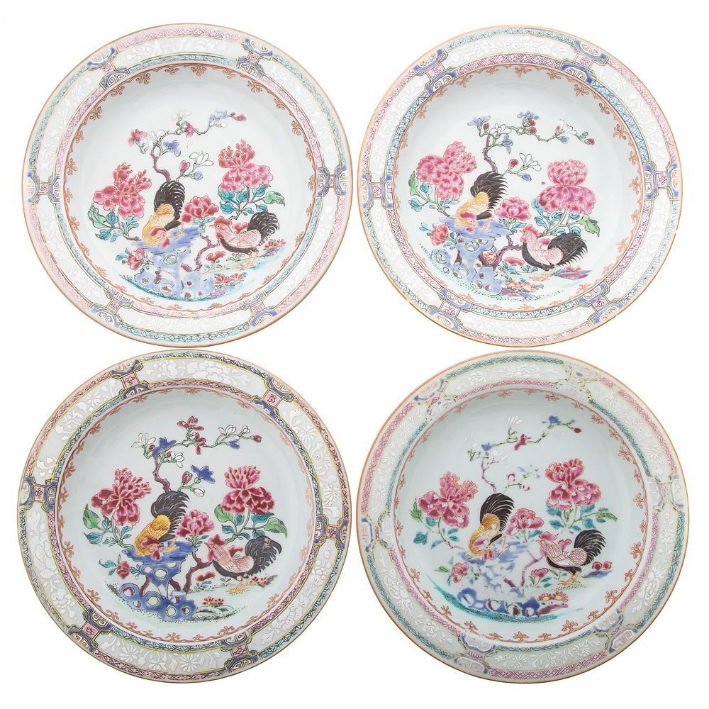 Appraisal: Four Chinese Export Famille Rose Plates Yongzheng circa beautiful and