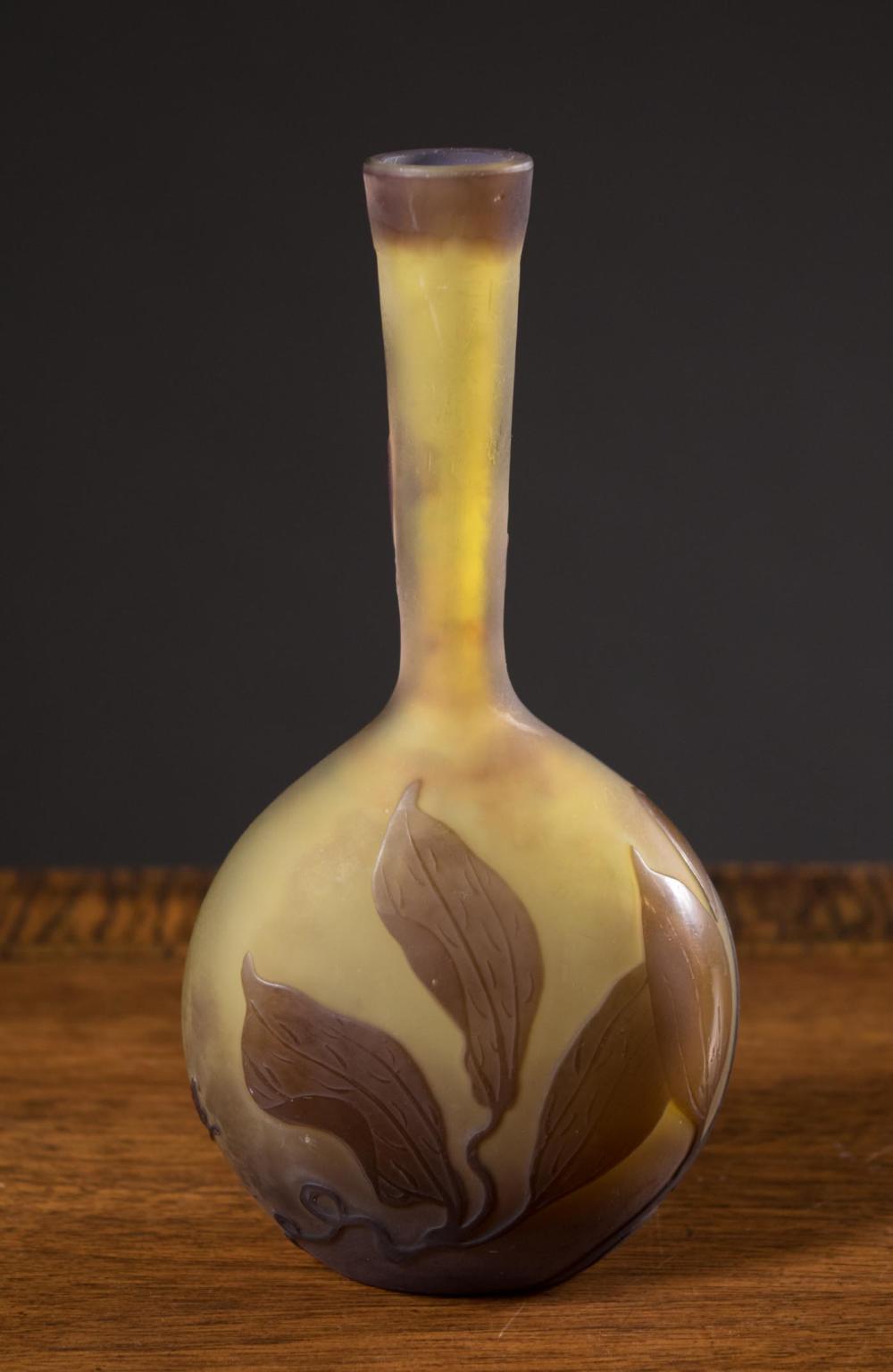 Appraisal: EMILE GALLE CAMEO GLASS BUD VASE of banjo form featuring