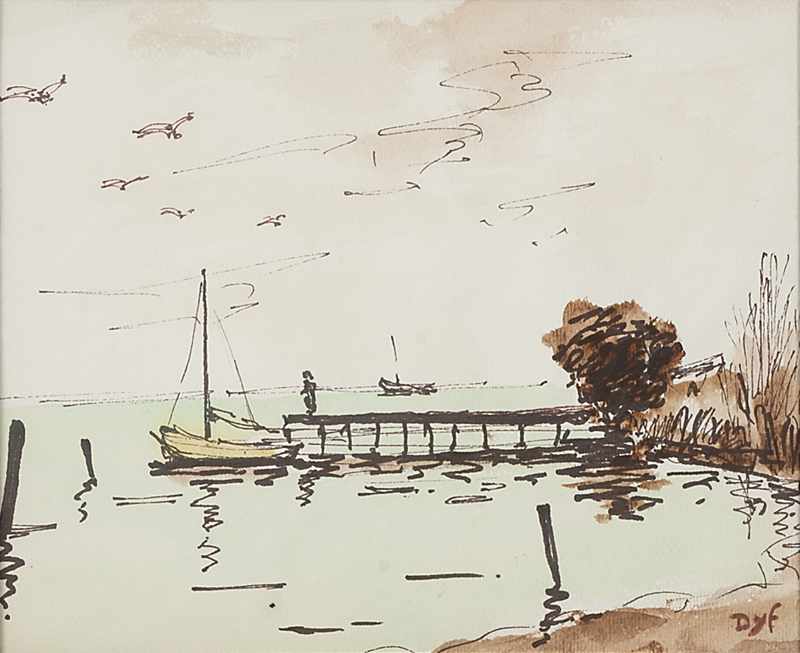 Appraisal: Coastal sketch with boat at rest ink with watercolor wash