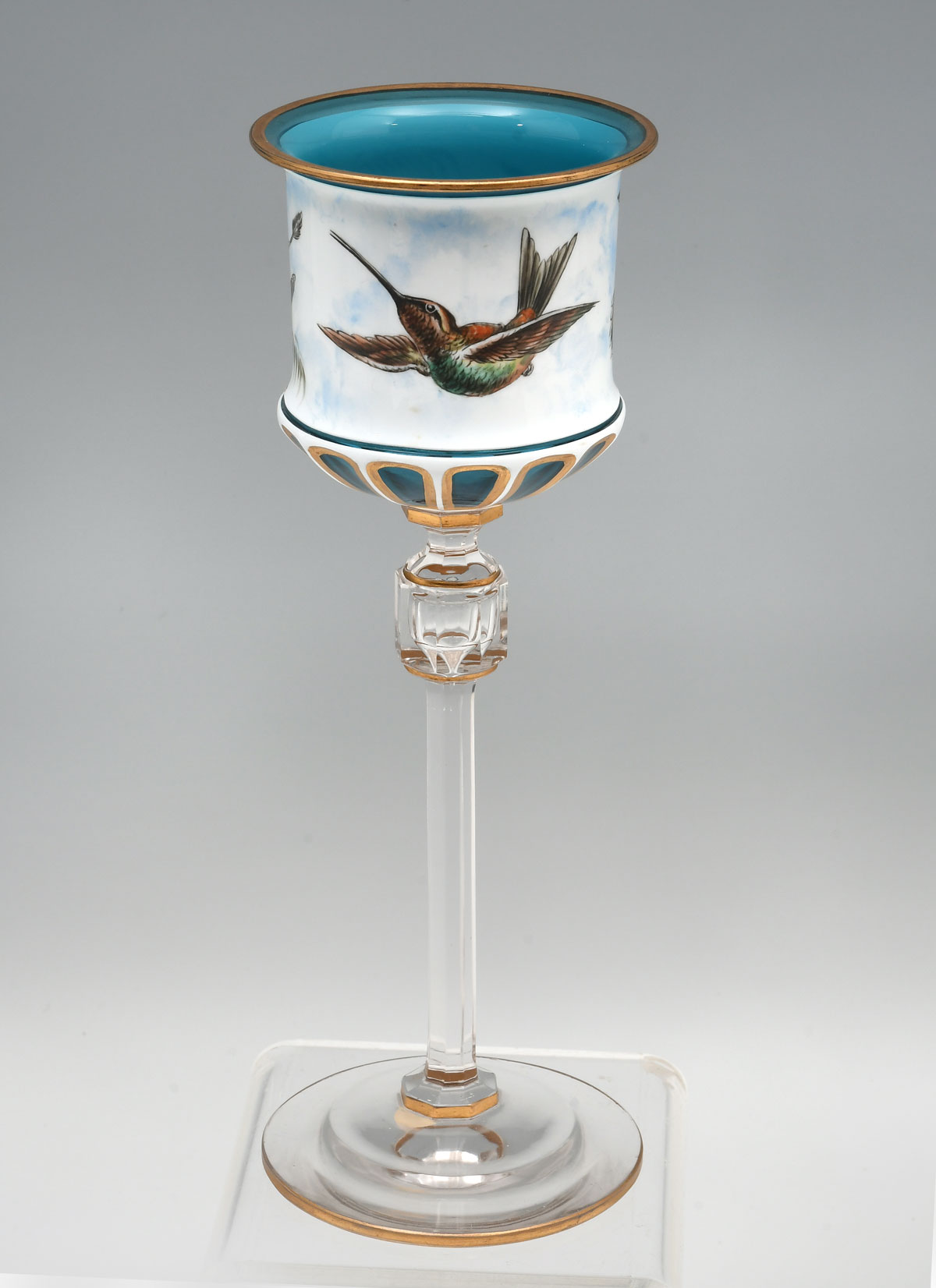 Appraisal: PAINTED MOSER ATTRIBUTED ART GLASS CHALICE Finely painted blue glass