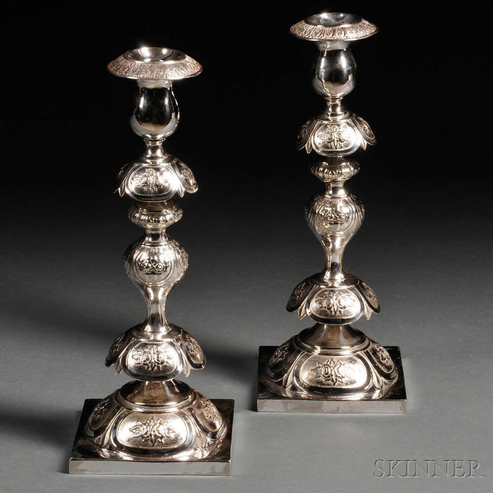 Appraisal: Pair of Fraget Silver-plated Shabbat Candlesticks Warsaw late th early