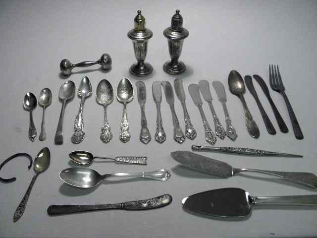 Appraisal: Lot of assorted sterling silver Includes flatware a baby rattle