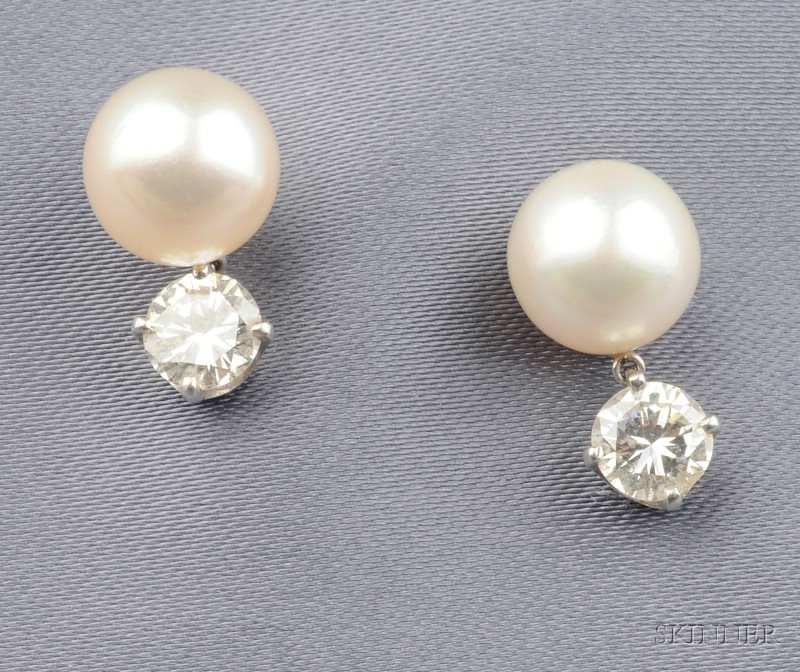 Appraisal: Cultured Pearl and Diamond Earpendants each white cultured pearl with