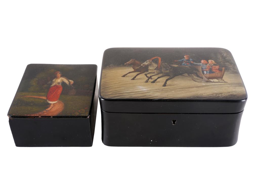 Appraisal: TWO ANTIQUE RUSSIAN LACQUERED BOXESone depicting a troika sled together