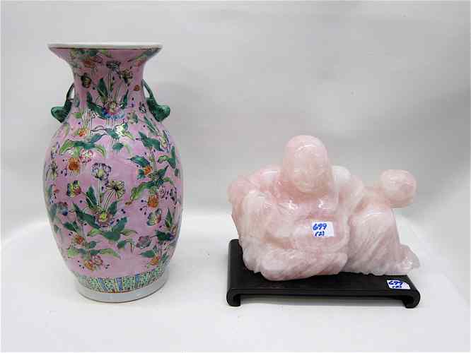 Appraisal: CHINESE ROSE QUARTZ FIGURE OF BUDDHA AND PORCELAIN VASE the