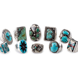 Appraisal: Navajo and Zuni Silver Rings with Inlay mid - third