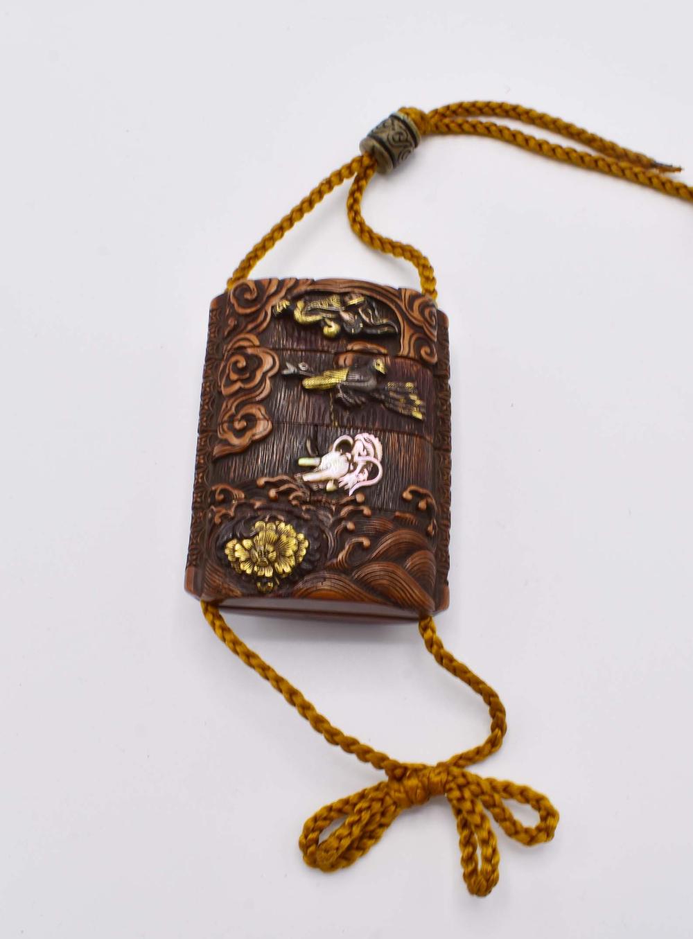 Appraisal: FINE JAPANESE GILT MOTHER-OF-PEARL LACQUER INROMeiji Period The carved wood