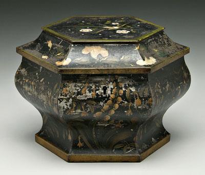 Appraisal: Toleware spice box hexagonal bomb eacute form hand painted floral