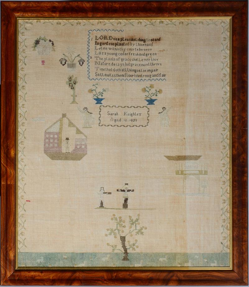 Appraisal: SILK EMBROIDERED SAMPLER SARAH KEIGHLEY AGED Decorated with flower-filled urns