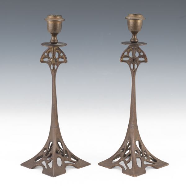 Appraisal: ART NOUVEAU PAIR OF PATINATED BRONZE CANDLESTICKS Cast bronze pair