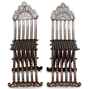 Appraisal: A Pair of Syrian Mother-of-Pearl-Inlaid X-Form Folding Chairs TH CENTURY