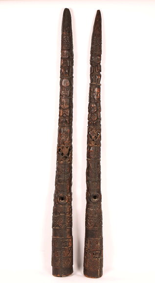 Appraisal: A PAIR OF CAMEROON BAMUM TRIBAL CARVED WOODEN TUSKS of