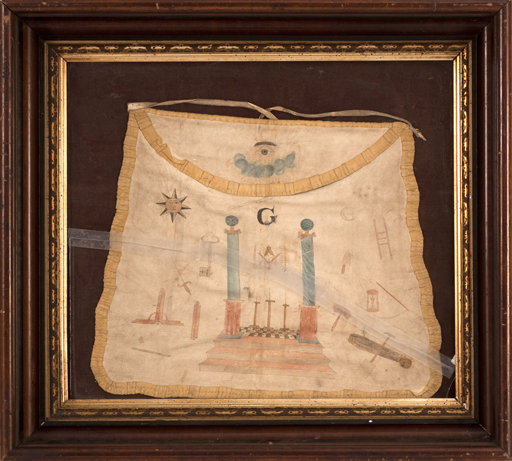 Appraisal: FRAMED MASONIC APRON Circa - Decoration of an eye columns