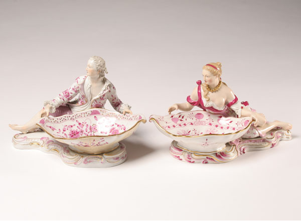 Appraisal: Meissen porcelain figural sweetmeat dishes female and male reclining figures