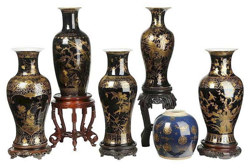 Appraisal: Six Gilt Black and Cobalt Blue Chinese Vases Qing dynasty