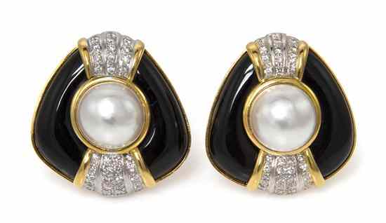 Appraisal: A Pair of Karat Gold Onyx Mabe Pearl and Diamond