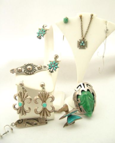 Appraisal: Group of Mexican silver turquoise jewelry including ornate turquoise stone