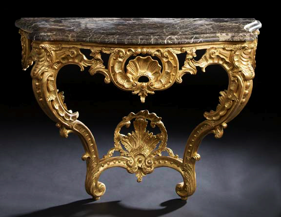 Appraisal: Louis XV-Style Elaborately Modeled Giltwood and Marble-Top Console Table the