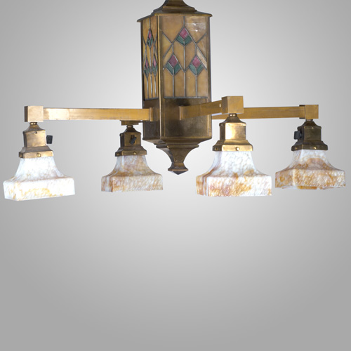 Appraisal: PRAIRIE SCHOOL Brass-washed chandelier with four arms and panels of