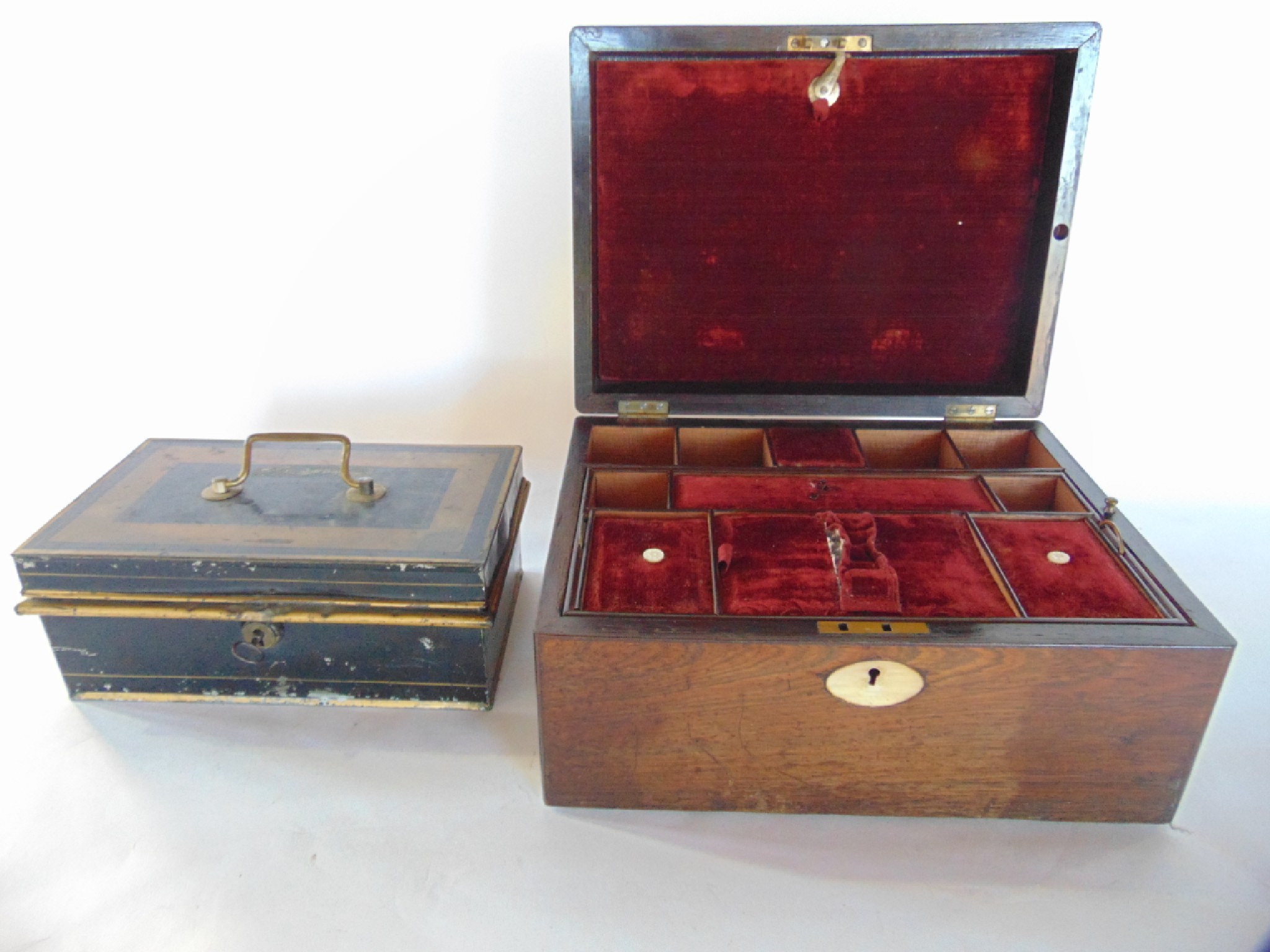 Appraisal: An antique rosewood veneered jewellery box the hinges revealing a