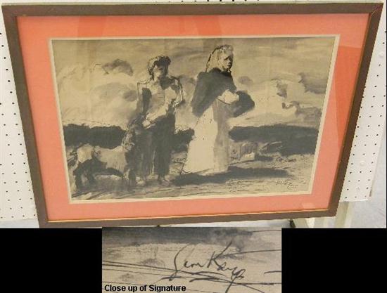 Appraisal: Artist signed grisaille watercolor with man woman and goat signed