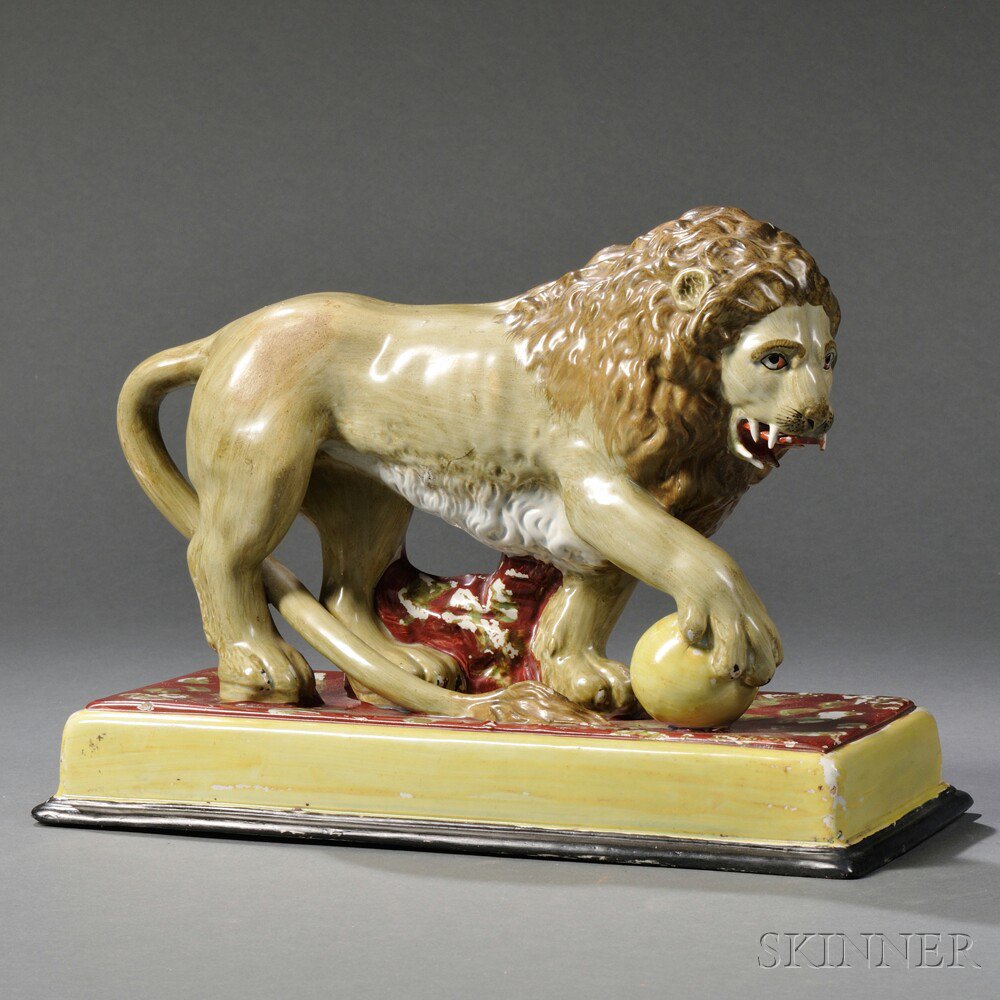 Appraisal: Staffordshire Pottery Pearlware Lion Figurine England late th century depicting