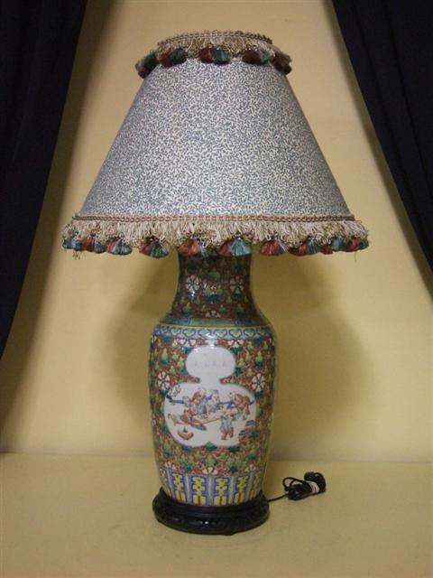 Appraisal: CHINESE ROSE MANDARIN PATTERN LAMP Of baluster shape with a