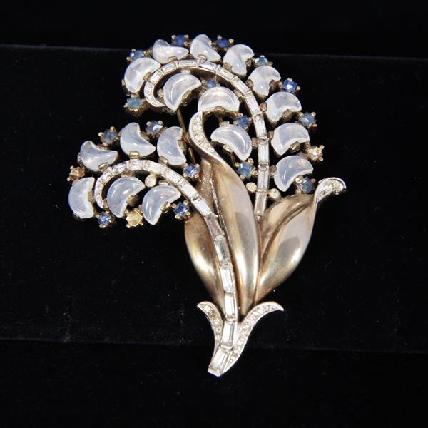 Appraisal: Trifari 'Philippe' demilune moonstone floral spray fur clip pin Missing