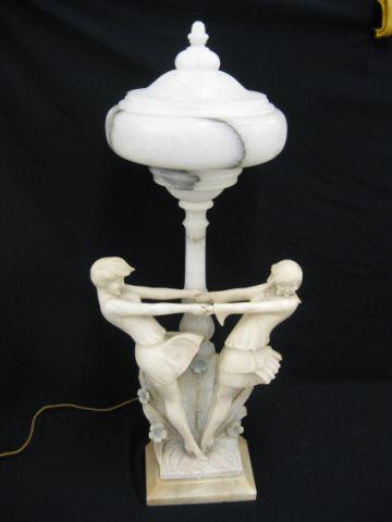 Appraisal: Art Deco Carved Alabaster Lamp two ladies by lamp post