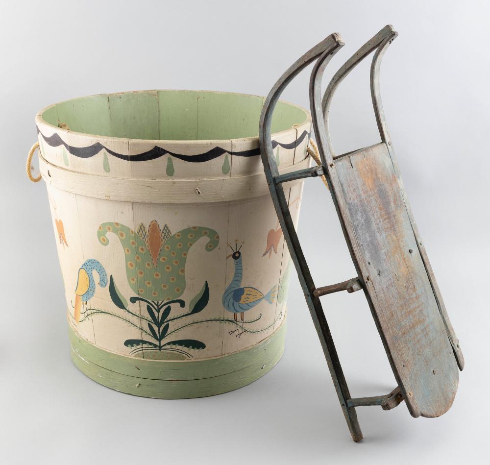 Appraisal: HAND-PAINTED BUCKET AND TOY SLED TH CENTURY BUCKET HEIGHT SLED