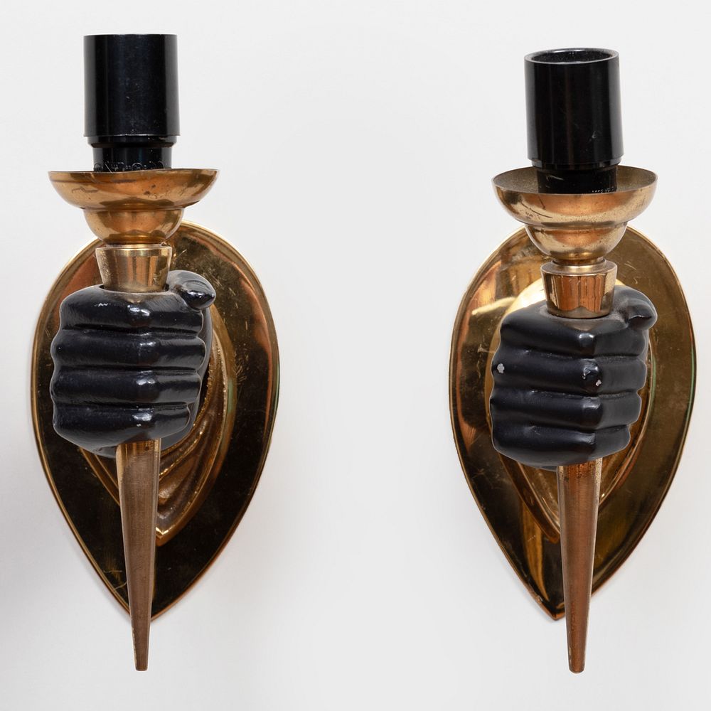 Appraisal: Pair of Brass and Painted Metal Hand Form Sconces in