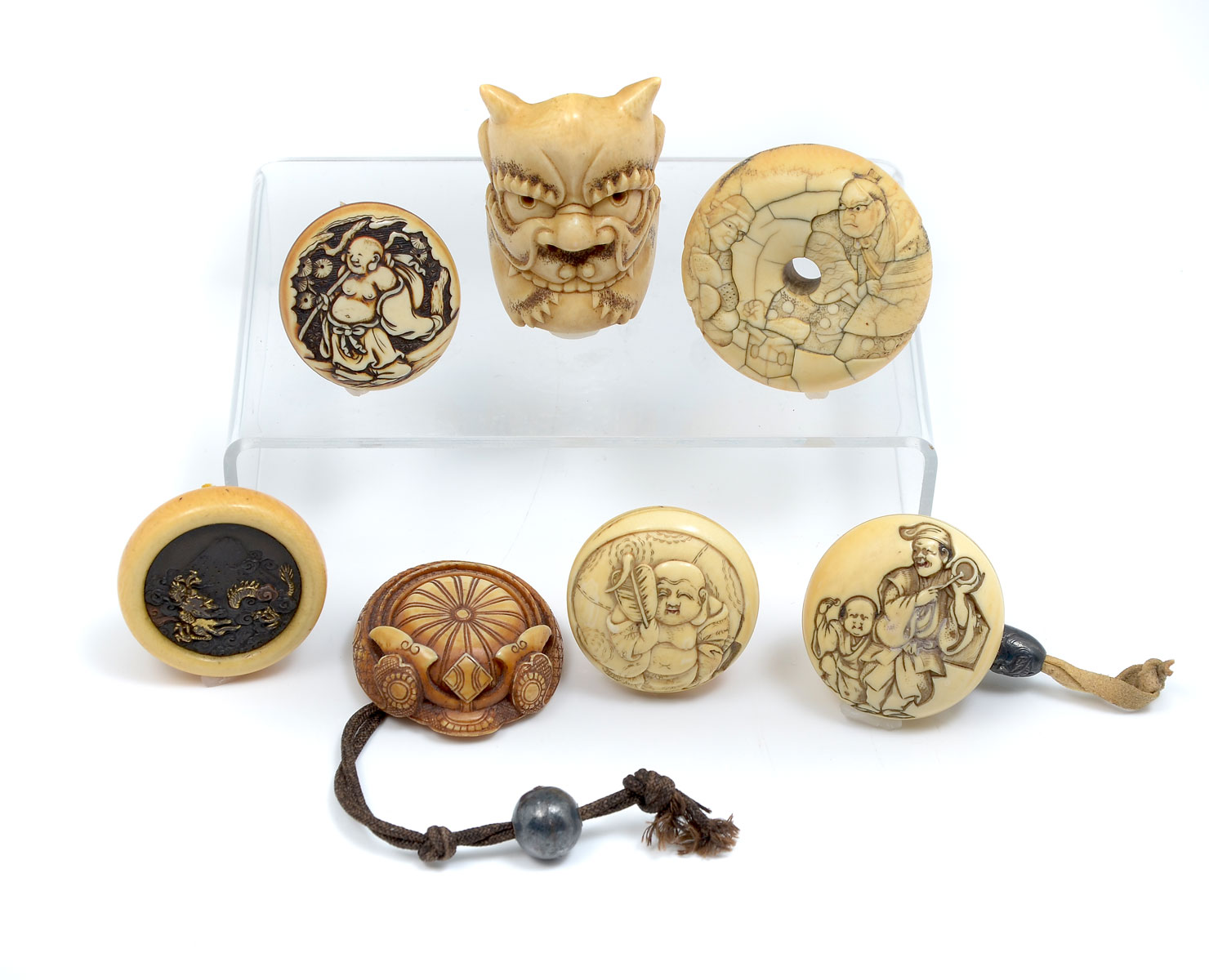 Appraisal: PC CARVED JAPANESE IVORY TOGGLES AND MASK Comprising - Demonic