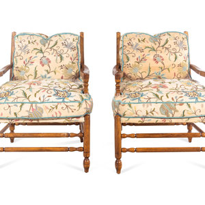 Appraisal: A Pair of Turned Walnut Armchairs with Crewelwork Upholstery th