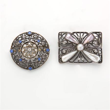 Appraisal: Two Antique Diamond Sapphire and Mississippi Pearl Brooches Estimate -