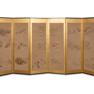 Appraisal: A Japanese Six-Panel Floor Screen th Century ink and color