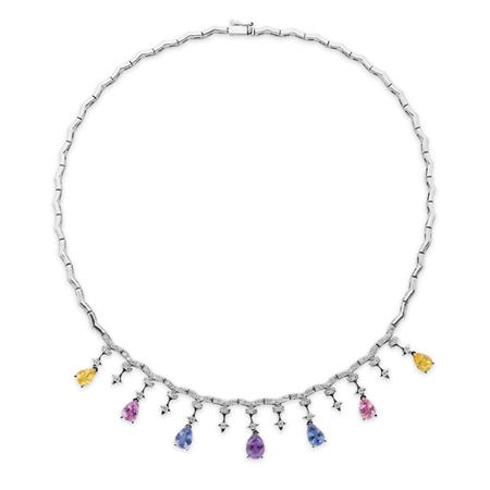 Appraisal: White Gold Multicolored Sapphire and Diamond Fringe Necklace Estimate -