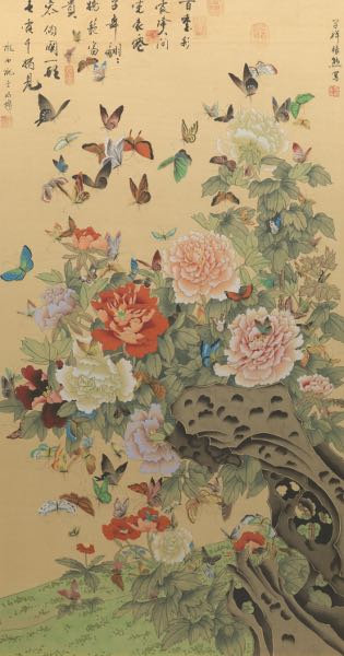 Appraisal: CHINESE PAINTING ON SILK HUNDRED BUTTERFLIES AND PEONIES BY ZHANG