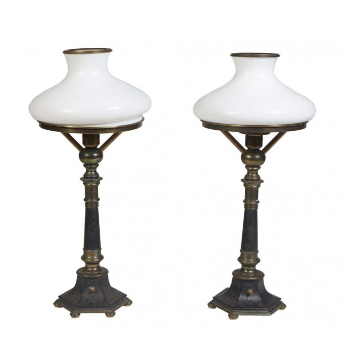 Appraisal: Pair of Iron and Brass Sinumbra Lamps th c the