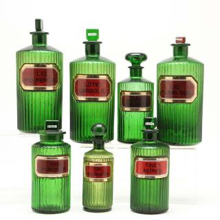 Appraisal: Group of Seven Poison Bottles th century green glass with