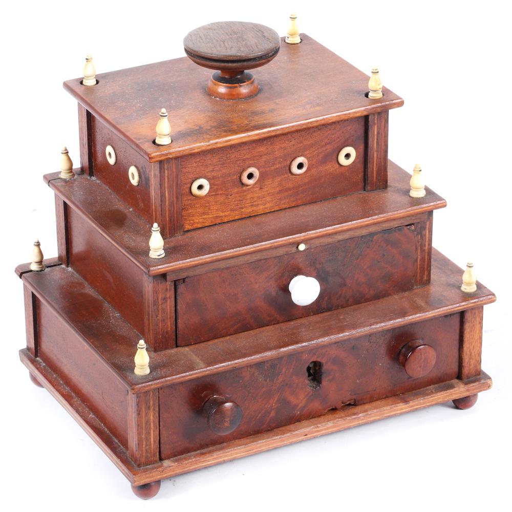 Appraisal: THREE TIER SHAKER SEWING BOX WITH CARVED BONE FINIALS AND