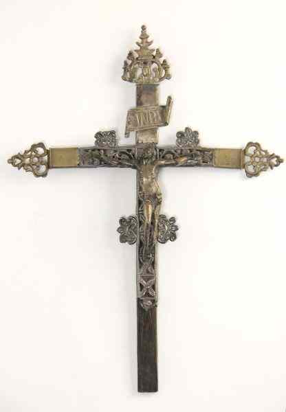 Appraisal: Antique Silver Crucifix th century mounted to exotic hardwood depicting