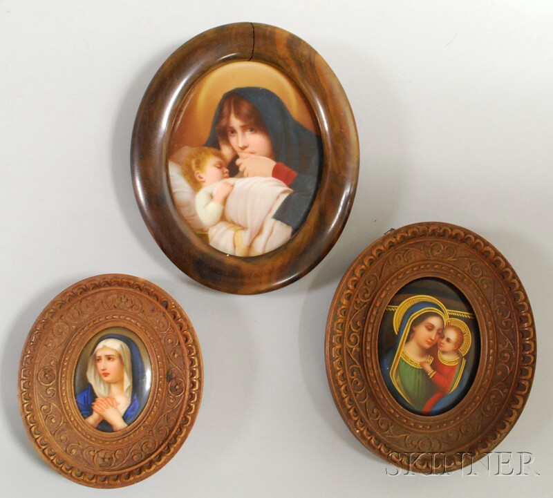 Appraisal: Three Miniature Wood-framed Hand-painted Portraits on Porcelain Depicting the Madonna